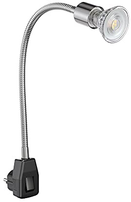 ledscom.de Steckdosenlampe LESCH Leselampe Schwanenhals, Schalter, chrom/schwarz + LED Lampe 504lm 44° weiß