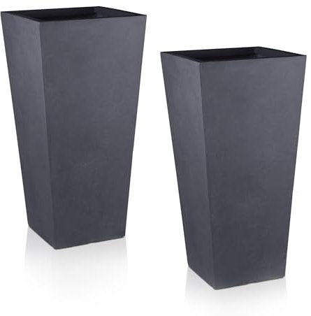 IDEALIST Set of 2 Small 38.5cm Tall Planter for Garden | Dark Grey Reinforced Stone Tapered Square Planter | Outdoor Pots with Drainage Holes L18.5 W18.5 H38.5 cm, 13 litres