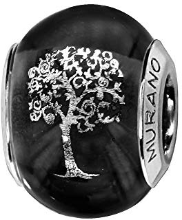 Thabora charms coulissant argent rhodié (Argent 925‰ + protection Rhodium) Murano noir symbole Arbre de Vie + suédine (offerte) + Certificat d'Authenticité Argent 925‰