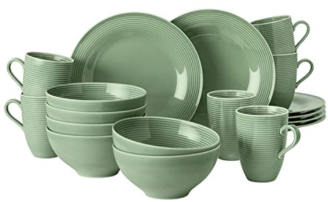Seltmann Weiden Beat Color Glaze Frühstücksservice 18-teilig – Henkelbecher, Müslischalen und Frühstücksteller für 6 Personen – Porzellangeschirr mit Rillenrelief, Spülmaschinenfest – Salbeigrün