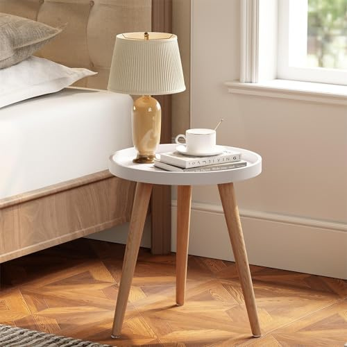 APICIZON Beistelltisch Rund, Kleiner Tisch, 45 x 35cm, Wohnzimmertisch, Blumenhocker mit Beinen aus Massivholz, Skandinavische Stil, Klein Couchtisch Holz für Schlafzimmer, Balkon, Weiß/Natur
