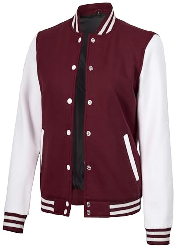 Decrum Maroon And White Varsity Jacket For Woman - Fashion Baseball Jacket | [40057175] Plain White Sleeve, XL