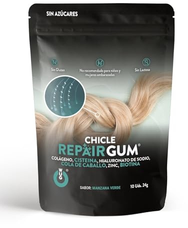 WUGUM - Chicle Repair - Chicle Funcional para el cuidado capilar - Repara y da volumen y vitalidad - Frena la caída del cabello - Sabor a Manzana Verde - Max 3 chicles al día - Contiene 10 chicles