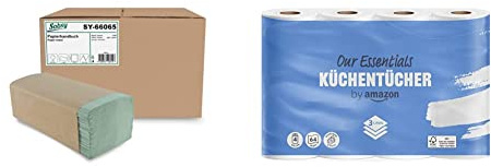 Papierhandtuch ZZ/V-Falz 1-lg, Rec.Grün & by Amazon Küchenrollen 3-lagig, 4 Rollen, 64 Blatt