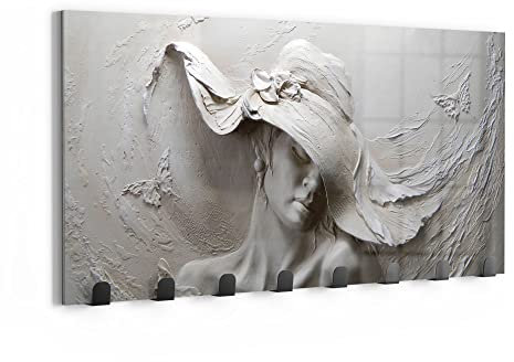 DEQORI Wandgarderobe Glas & Metall | Motiv Skulptur einer Lady | 60x30 cm | Design Haken-Leiste modern | Garderoben-Paneel für Flur, Wohnzimmer & Schlafzimmer | magnetisch & beschreibbar