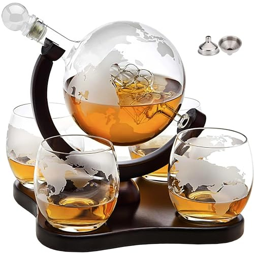Whiskey Dekanter Globus-Set mit 4 geätzten Globus-Whiskygläsern, Geschenke für Männer, Vater, Ehemann, Mancave – für Likör, Bourbon, Scotch, Wodka – 850 ml