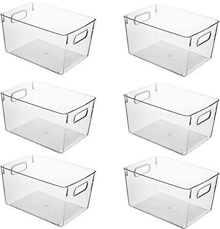 Amtido Clear Plastic Storage Bins for Fridge, Cupboard, Pantry, and Kitchen - Versatile Kitchen Storage Organiser for Food, Fruit, Vegetable, Cleaning Products, and Clothing Storage (6-Pack)
