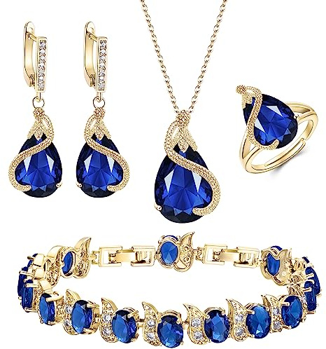 Ever Faith Women's Jewelry Set Blue Jewellery Sparkly Cubic Zirconia Birthstone Teardrop Necklace Earring Bracelet Ring Sets for Women Birthday Gifts 4 PCS Gold-Tone