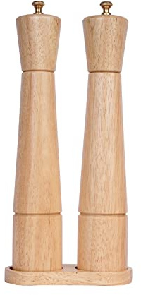 DeroTeno Juego de Molinillos de Sal y Pimienta con Bandeja, molinillo de sal de cerámica ajustable, molinillo de pimienta de acero inoxidable, madera de caucho, 32 cm de altura,diámetro inferior 6cm