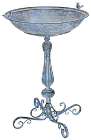 Casa Padrino Jugendstil Vogeltränke mit 2 dekorativen Vögelchen Antik Blau 56 x 49 x H. 74 cm - Rundes Metall Vogelbad - Garten Accessoires - Barock & Jugendstil Garten Deko