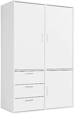 mokebo Kleiderschrank (120x187 cm) aus Holz 3-türig & 3 Schubladen 'Der Grenzenlose' modularer & kombinierbarer Schlafzimmerschrank, Garderobenschrank, Flurschrank, Drehtürenschrank, Schrank in Weiß