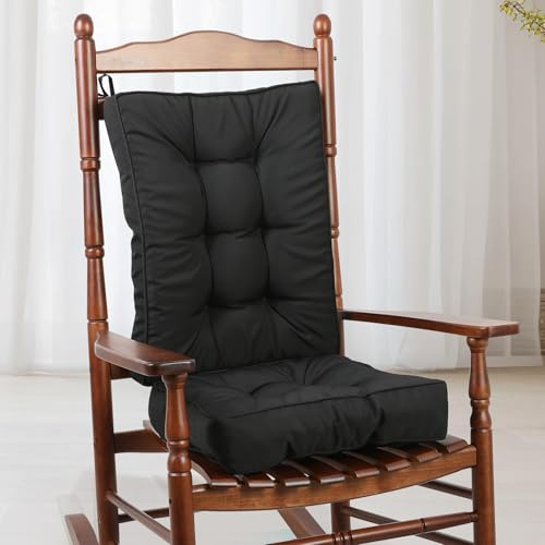 RACE LEAF Rocking Chair Cushion Set - High Back Memory Foam Patio Chair Cushions with Non-Slip Design & Ties, Indoor/Outdoor Rocker Pads, Black