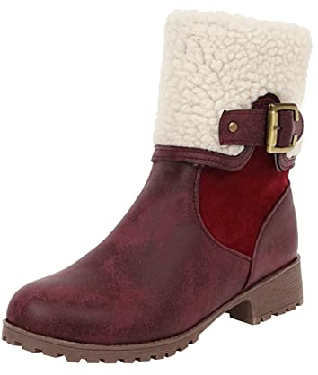 ARtray Botas de invierno para mujer, impermeables, con forro cálido, modernas, retro, con hebilla, cinturón, color puro, cremallera lateral, media altura, para uso en exteriores, rojo vino, 38 EU