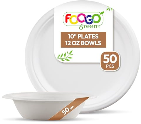 FOOGO Green 100pcs Sugarcane Fibre Strong Paper Plates and Bowls Set, Round | 50x Large Round Plates, 50x Dessert Bowls, Eco Friendly Biodegradable, Wedding, Party