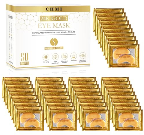 CHMI Under Eye Patches (50 Pairs) - 24K Gold Eye Patches for Puffy Eyes, Dark Circles, EyeBags and Wrinkles, Collagen Skin Care Products, Beauty & Personal Care