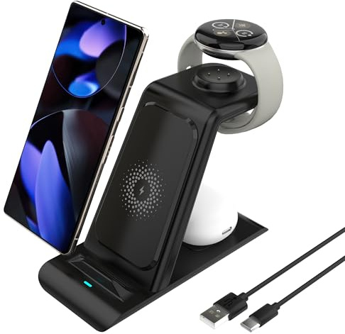SPGUARD Induktive Ladestation für Google Pixel Watch 3/2,3 in 1 Ladeständer mit Google Pixel 10/10Pro/10Pro XL/9/8/8a/7/7a/7,Kabelloses Ladegerät für Pixel Buds Pro2(Nicht anwendbar auf Pixel Watch 1)