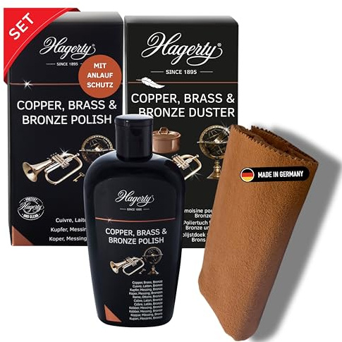 Hagerty Set Copper Brass & Bronze Polish 250 ml + Duster für Vasen Bronze Messing Kupfer I Effiziente Politur & Poliertuch für erneuerten Glanz und Pflege I mit Antioxidationsschutz