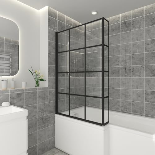 NRG 810x1400mm L Shaped Grid Bath Screen with Fixed Return | Black Framed Safety Glass, Shower Screen, Waterproof, Easy to Clean, Anti Rust, Durable, Wet Room