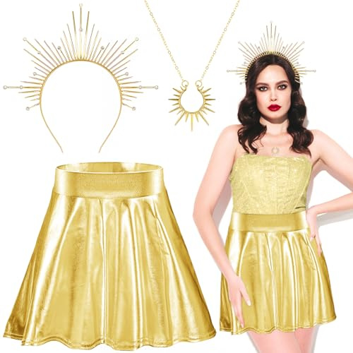 TOPJOWGA Sonnengöttin Kostüm, Damen Metallic Glitzer Rock, Haarreif Gold Haarschmuck, Sonne Halskette, Damen Göttin Kostüm Halloween Karneval Mottoparty Cosplay, Partys Kostüm Zubehör