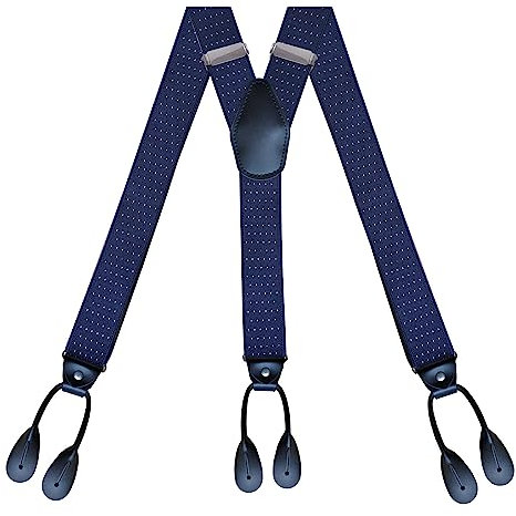 IMOSEI Hosenträger Suspender Unisex Y-Förmiger Elastischer Riemenclip Für Erwachsene Mit Schwarzen Lederknöpfen Und Schwarzen Lederknöpfen Marineweiße Punkte