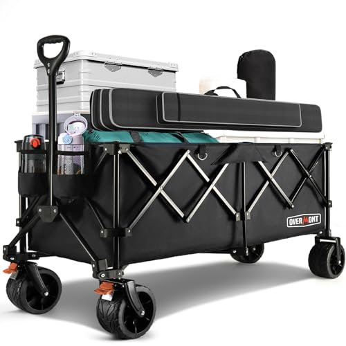 Overmont Faltbar Klappbar Bollerwagen mit Bremsen - Alle Gelände Räder - 300I großes Fassungsvermögen mit Seitentaschen Getränkehalter Verstellbarem Griff - bis 200 kg Tragkraft Schwarz