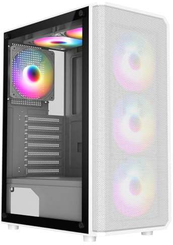 CiT Delta White Mid-Tower PC Gaming Case ATX with Mesh+Accented ABS Front & Tempered Glass Side Panel with 30% Tint with 6 x Infinity 120mm ARGB Inner-Ring Fans & 6-Port Hub Included