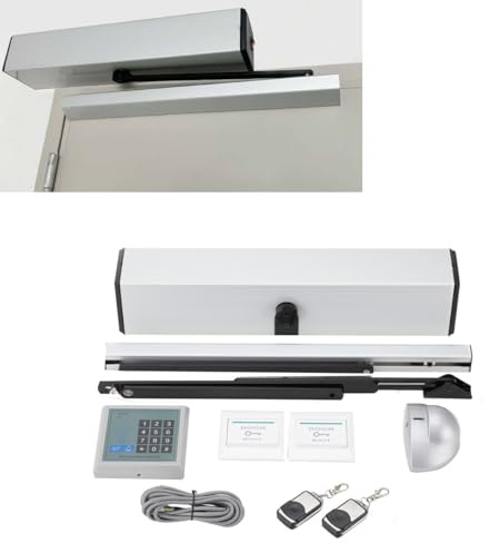 QWEXOB Türschließer Türschliesser Silber 100v-240v IP21mit 2x Fernsteuerung Feststellgestänge und Montageplatte/hohe Qualität/für Feuer- und Rauchschutztüren geeignet Automatic Swing Door Opener