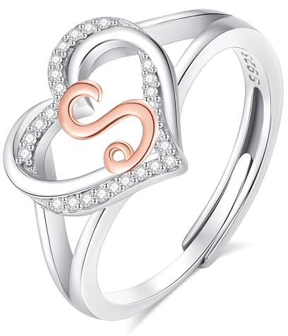 INFUSEU Anillo Iniciales, Plata de Ley 925 Anillos Abiertos Letras S Forma Corazón Nombre Inicial Alfabeto A-Z Joyería Personalizada Ajustable Regalos para Mujeres Damas Niñas