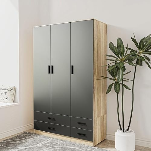 URBNLIVING Modern 3 Door 4 Drawer Wardrobe with Hanging Rail, Bedroom Furniture, Storage Shelf Clothes Organiser Stylish Design, Ample Storage Solution (Oak & Black)