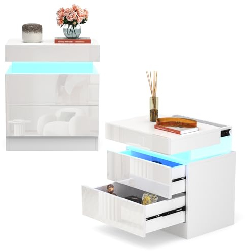 OXFENSEE Table de Chevet LED Lot de 2 avec 2 Tiroirs, 16 Couleurs Lumières, Moderne pour Salon, Chambre à Coucher (Blanc, 40x35x52cm)