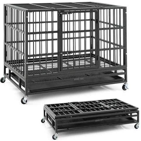 GOPLUS Hundekäfig klappbar, Hundebox aus Metall mit feststellbaren Rädern, Transportkäfig mit doppelten verschließbaren Türen & herausnehmbarem Tablett, Haustierbox für Hunde (96 x 65 x 77 cm)