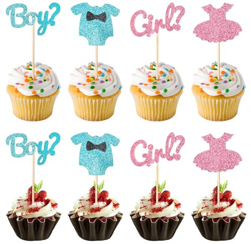 JJUNW Lot de 36 décorations de cupcakes pour garçon ou fille - Rose et bleu à paillettes - Robe grenouillère - Décorations de cupcakes pour fête prénatale - Fournitures de fête d'anniversaire