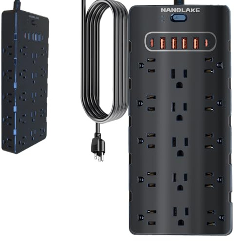 Nanolake 20 Amp Power Strip Surge Protector,Heavy Duty 12 Gauge 6.5 ft Cord/25 AC Outlets/4 USB A/2USB C/4000 Joules Surge protection/2500W/125V,Office Workshop Household Garage Black