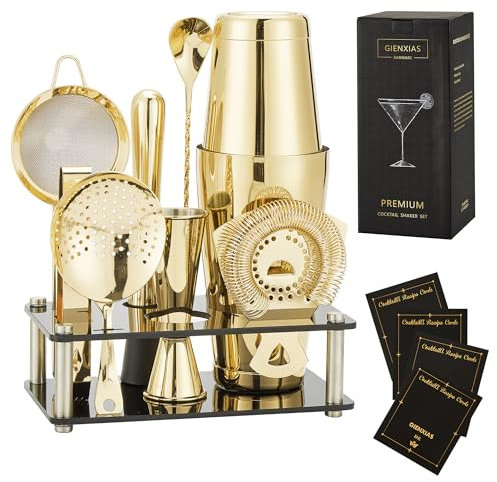 Gienxias Boston Shaker Set – 10-teiliges Cocktail-Shaker-Set aus Edelstahl, inkl. Barsieb, Eiszange, Barlöffel, Messbecher & Acrylständer, Heim- & Profi-Barkeeper (Gold)