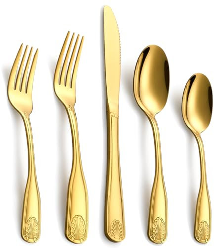 Deeny Jarte Ensemble de Couverts 20 Pièces en Acier Inoxydable 18/0, Service pour 4 Personnes Design Coquillage Doré, Lavable au Lave-Vaisselle, Set de Couverts de Table Ménager