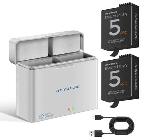 REYGEAK Akku und Ladegerät für DJI Osmo Action 6/5/Action 4/3, 2er-Pack Akkus mit 2 Anschlüssen, PD Schnellladung Akkuladebox, 2100 mAh wiederaufladbarer Akku für DJI Action 5/4/3 Ladegerät-Zubehör