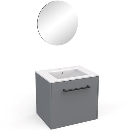 Demeyere - Mueble de baño con Espejo y Lavabo, 2 cajones y toallero Moderno de Madera ecológica, Color Gris Oscuro y Acabados Negros, 47,3 x 55 x 61,2 cm, Roble
