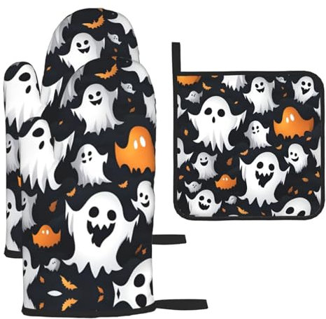 Set di 3 guanti da forno e presine con fantasma bianco con fantasmi natalizi, ideali come regalo per la famiglia per la cucina, resistenti al calore, set da 3