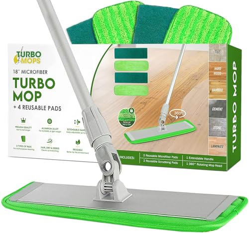 Mikrofaser Mopp System – 18-Zoll Bodenwischer mit 4 wiederverwendbaren Pads für Hartböden und Fliesen, 360-Grad-Drehkopf & höhenverstellbarer Stiel