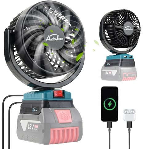 AUTOJARE Akku-Lüfter Kompatibel mit Bosch 18V Mini Ventilator mit 2 USB-Aufladung 360° drehbar Tragbarer Lüfter für Camping, Werkstatt, Haushalt und Baustellen (5 zoll, Ohne Akku)