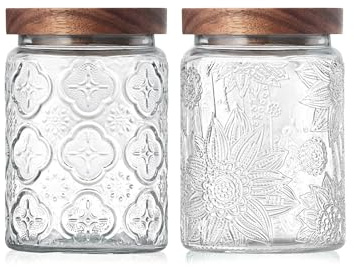 Glass Storage Jars with Wooden Lids - 700 ML Set Airtight Vintage Canisters for Kitchen Pantry, Beautiful Decorative Containers for Candy, Cookie, Biscuit, Coffee, Sugar, Sweet, Treat, Tea, Nuts, 2PC