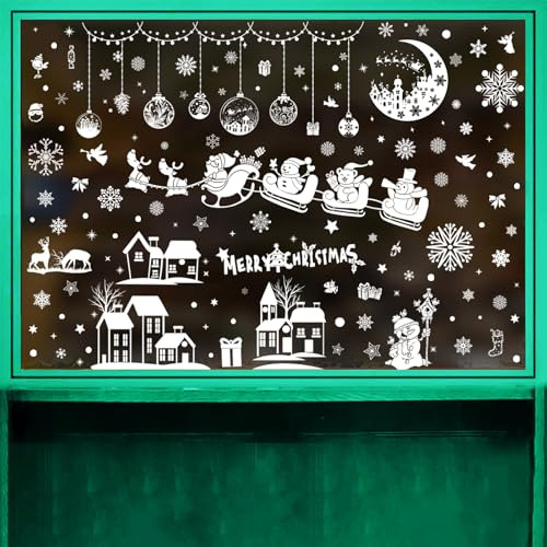 9 Bögen Fensterbilder Weihnachten Selbstklebend Weiß, Fenstersticker Weihnachten mit Häuser Schneeflocken Fensterbilder Winterdeko Fenster, KEPKKU Weihnachten Fensteraufkleber Weihnachtsfenster Bilder