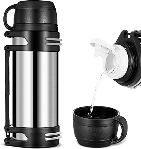 Tryora Thermosflasche für Heiße Kalte Getränke, 2L Edelstahl-Vakuumisolierflasche Thermosflasche mit Becher Auslaufsichere Thermoskanne mit Teleskopgriff für Outdoor Reisen Wandern Camping (Orange)