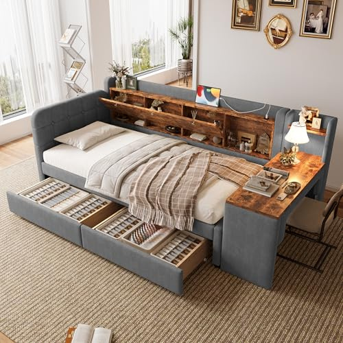 Polsterbett Schlafsofa 90x200, Bett mit 2 Schubladen, Schreibtisch, USB-Ladeanschluss und Ablagefächern, Bettgestell Funktionsbett Tagesbett Jugendbett mit Lattenrost, Leinen, Ohne Matratze, Grey