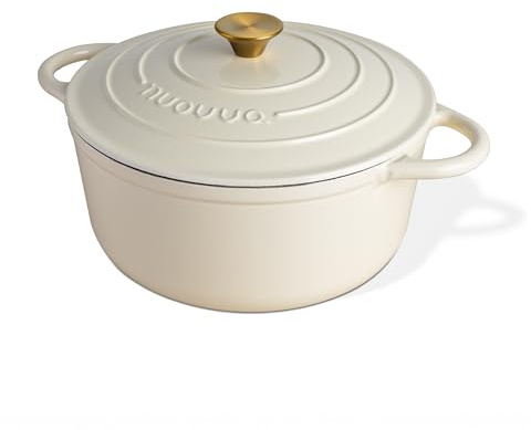 Nuovva Enamelled Cast Iron Dutch Oven Pot with Lid – 5 Quart Casserole Dish – Ceramic Dutch Oven for Bread Baking, Roasting, Braising & Stews – Oven Safe up to 500°F – 24cm Cream