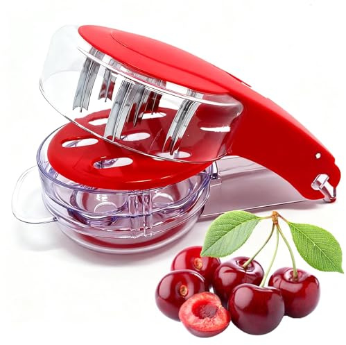 VZU Cherry Pitter Tool - Stainless Steel Fruit Stoner Remover for Cherries, Olives & Dates with Juice Container & 6 Rods