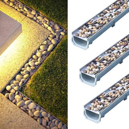 Canaletta Scolo Acqua Piovana Set di 3 Canali di Drenaggio Lineari, Drenaggio per Trincee da Giardino Esterno, Grondaia per Canale di Scarico e Copertura Riempita di Ciottoli(20x10cm (7.9x3.9))