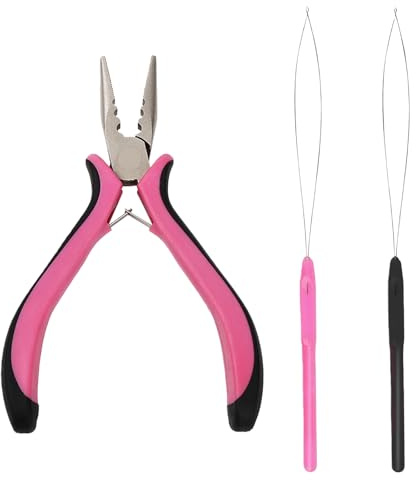 3Pcs Hair Extension Pliers - Professional Nano Beads Hair Extensions Kit with 1 Plier and 2 Loop Threaders - Nano Bead Tool for Easy Hair Installation and Removal