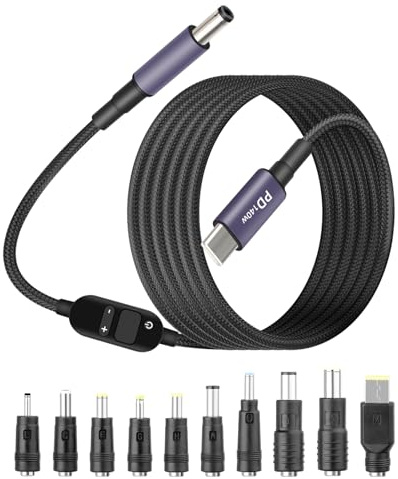 GELRHONR 140W USB C to DC PD Trigger Power Cable with Tips, to DC 5.5x2.5mm Cable with 5V/9V/12V/15V/20V/28V Voltage for Laptops,Portable Power Bank(1.5M) (140W USB C+10 DC Connector)