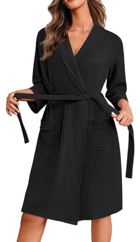 Ekouaer Peignoir de Bain Femme Court Gaufré Robe de Chambre avec Poches Doux et Léger Kimono Peignoirs
